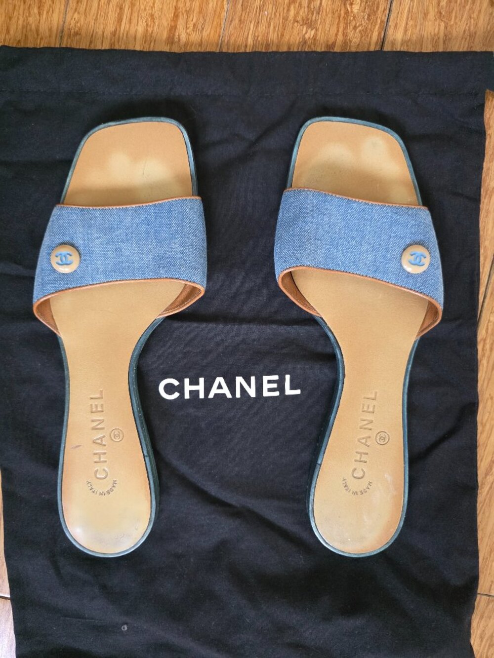 CHANEL Denim Blue Brown/Tan Slip on Sandal - preloved